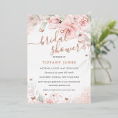 ピンク赤面フローラバラ金ゴールドブライダルシャワー 箔招待状 (立ち正面)