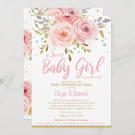 ピンク赤面フローラバーチャルベビーシャワーバイメールガール 招待状 (正面/裏面)