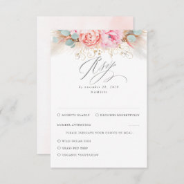 ピンク赤面フローラパンパスグラスウェディングRSVP 出欠カード