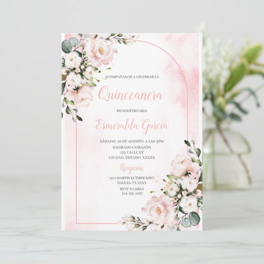 ピンク赤面フローラファーストキンセアニェラ招待状 招待状 (スタンド正面)