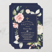ピンク赤面フローラフレームネイビーブルー金ゴールドバプテスマ 招待状 (正面/裏面)