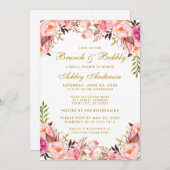 ピンク赤面フローラブライダルシャワーブランチ金ゴールド 招待状 (正面/裏面)