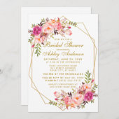 ピンク赤面フローラブライダルシャワー金ゴールド幾何学的 招待状 (正面/裏面)