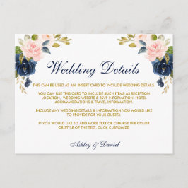 ピンク赤面フローラブルー金ゴールド結婚ズ詳細カード ポストカード