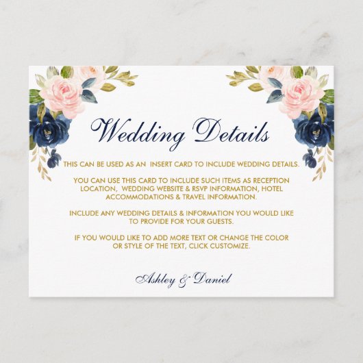 ピンク赤面フローラブルー金ゴールド結婚ズ詳細カード ポストカード (正面)