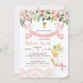 ピンク赤面フローラブロンドガールファースト聖餐式 招待状 (正面)