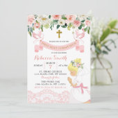 ピンク赤面フローラブロンドガールファースト聖餐式 招待状 (スタンド正面)