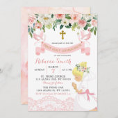 ピンク赤面フローラブロンドガールファースト聖餐式 招待状 (正面/裏面)