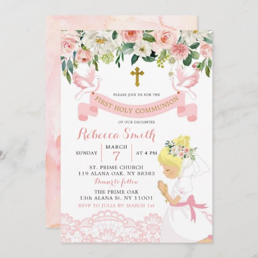 ピンク赤面フローラブロンドガールファースト聖餐式 招待状 (正面/裏面)