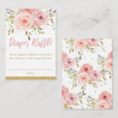 ピンク赤面フローラベビーガールシャワーおむつラッフル エンクロージャーカード (正面/裏面)