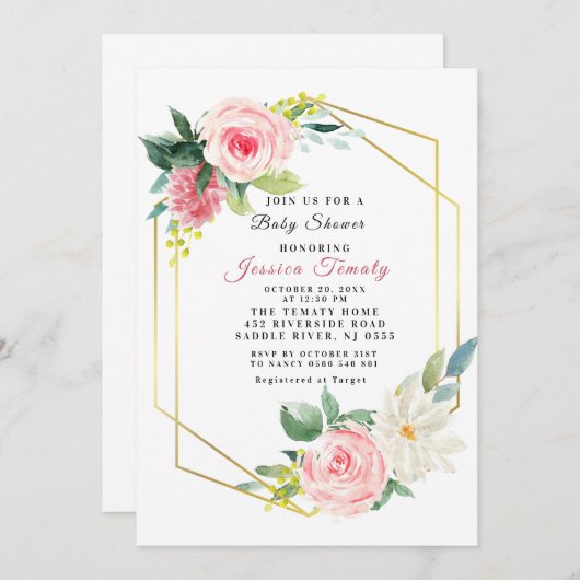 ピンク赤面フローラベビーシャワー招待状ガール 招待状 (正面/裏面)