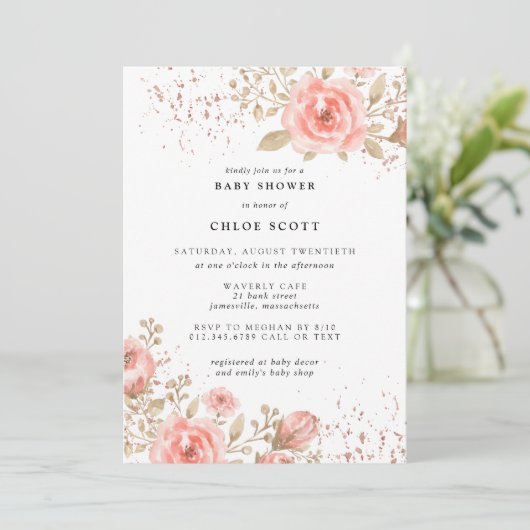 ピンク赤面フローラベビーシャワー招待状ガール 招待状 (スタンド正面)