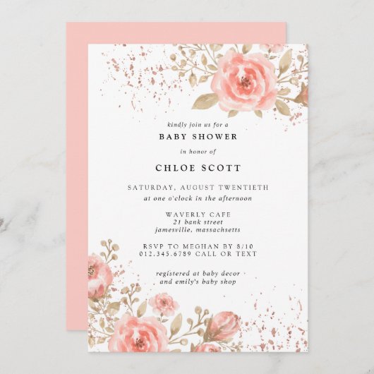 ピンク赤面フローラベビーシャワー招待状ガール 招待状 (正面/裏面)
