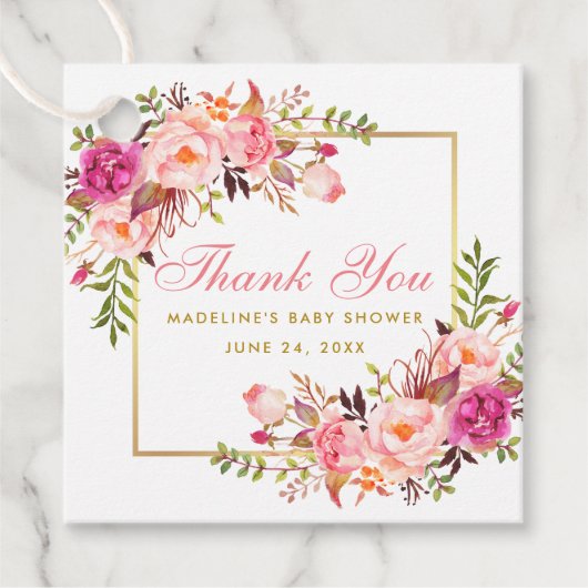 ピンク赤面フローラベビーシャワー金ゴールドフレームありがとう フェイバータグ (正面)