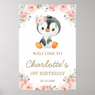 ピンク赤面フローラペンギン1歳の誕生日へようこそ ポスター