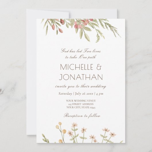 ピンク赤面フローラモダンデザインクリスチャン結婚ズ 招待状 (正面)