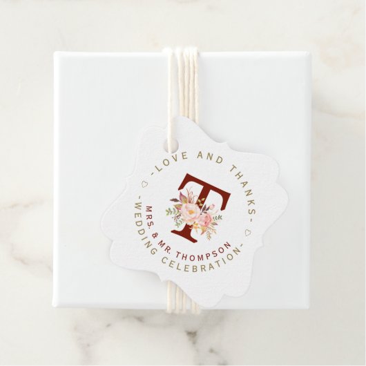 ピンク赤面フローラモノグラム結婚サーキュラー フェイバータグ (インサイチュ)