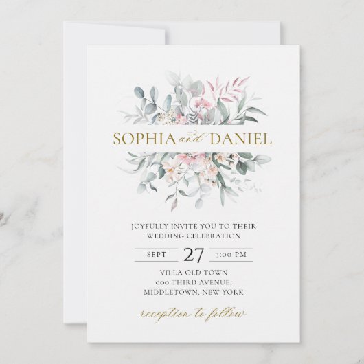 ピンク赤面フローラユーカリプタスボタニッ結婚クス 招待状 (正面)