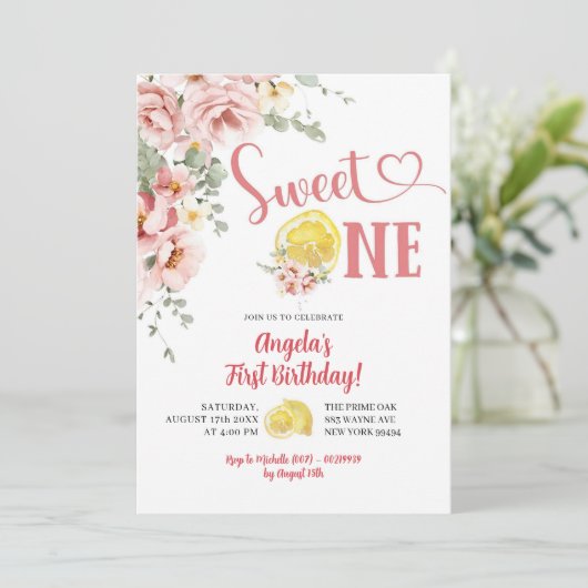 ピンク赤面フローラレモンスイートワン誕生日 招待状 (スタンド正面)