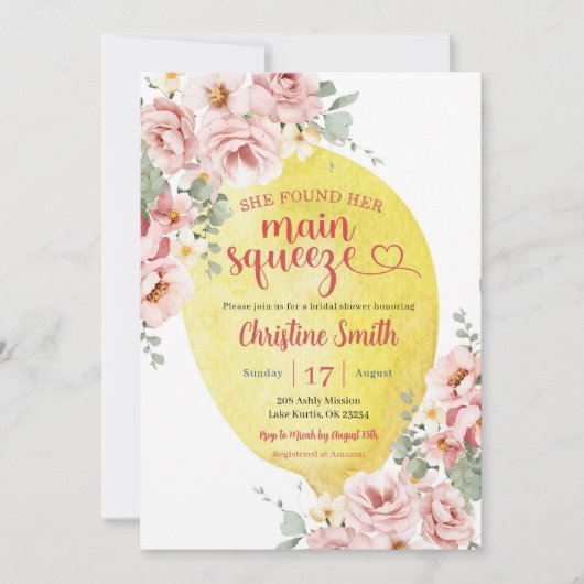 ピンク赤面フローラレモンメインスクイーズブライダルシャワー 招待状 (正面)
