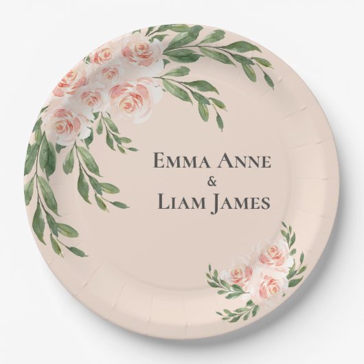 ピンク赤面フローラロマンチックエレガント緑 ペーパープレート (正面)