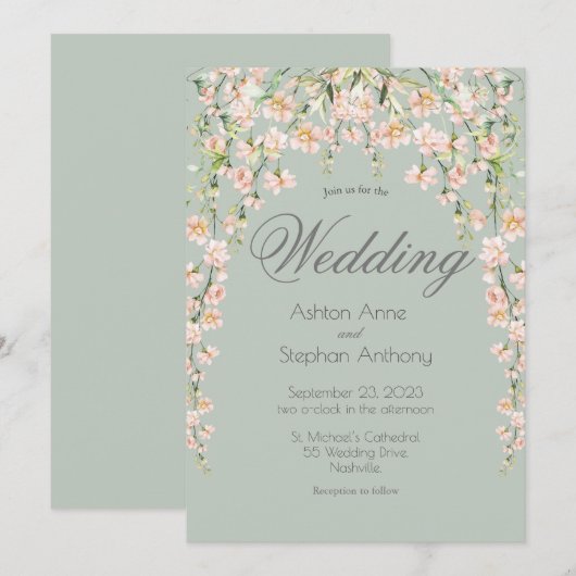 ピンク赤面フローラワイルドフラワーズシックエレガントウェディング 招待状 (正面/裏面)