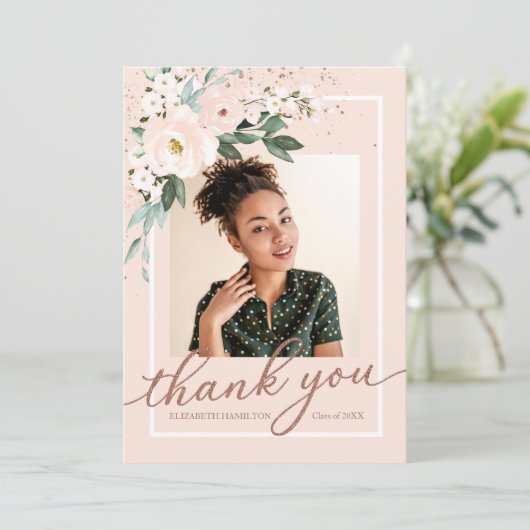 ピンク赤面フローラ卒業写真ありがとう サンキューカード (スタンド正面)
