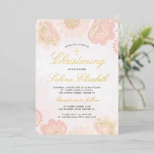 ピンク赤面フローラ女の子《キリスト教》洗礼式や命名式金ゴールド実在クロス 箔招待状 (立ち正面)
