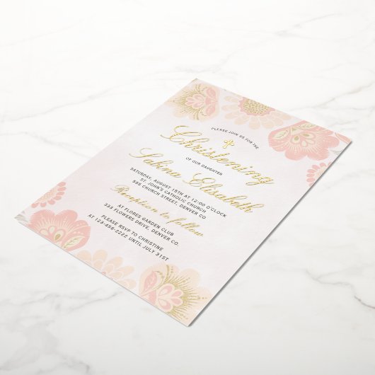 ピンク赤面フローラ女の子《キリスト教》洗礼式や命名式金ゴールド実在クロス 箔招待状 (回転した状態)