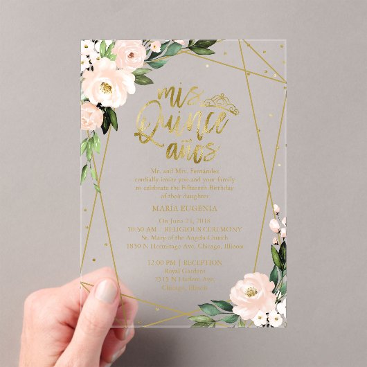 ピンク赤面フローラ幾何学模様クインセアニラ アクリル招待状 (インサイチュ (ポータブル))