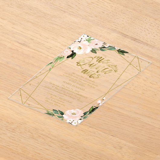 ピンク赤面フローラ幾何学模様クインセアニラ アクリル招待状 (レイダウン)