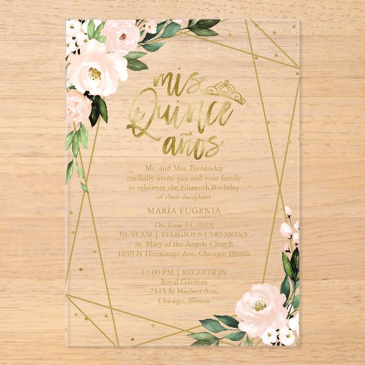 ピンク赤面フローラ幾何学模様クインセアニラ アクリル招待状 (正面)