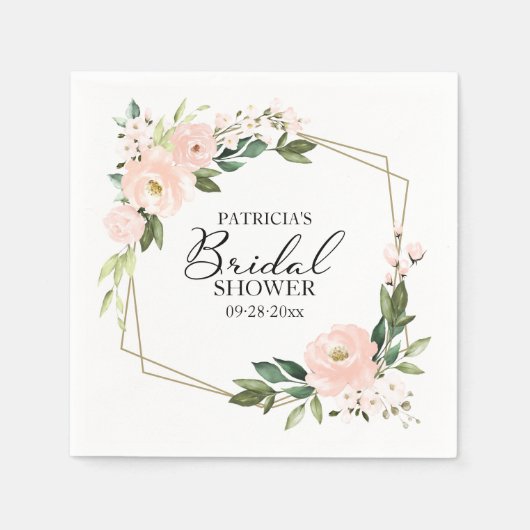 ピンク赤面フローラ幾何学的ブライダルシャワー スタンダードカクテルナプキン (正面)