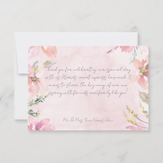 ピンク赤面フローラ水モダン色結婚の サンキューカード (裏面)