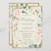 ピンク赤面フローラ水結婚色の 招待状 (正面/裏面)