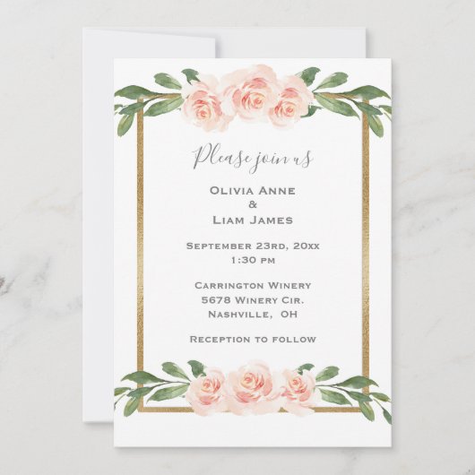 ピンク赤面フローラ水色ロマンチックな金ゴールド結婚ズ 招待状 (正面)
