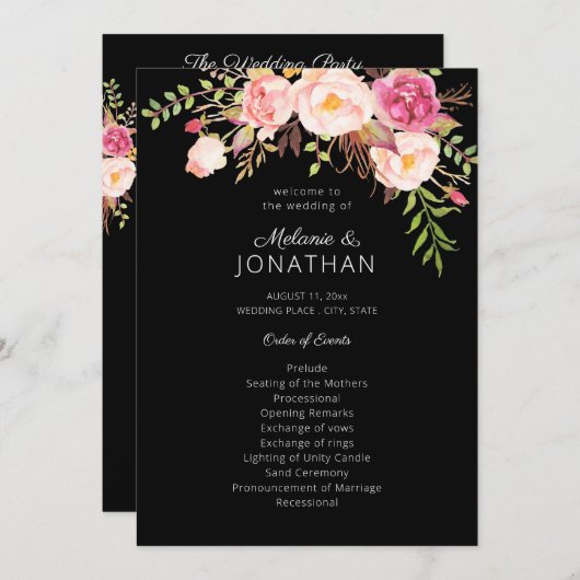 ピンク赤面フローラ結婚のセレモニープログラムブラック 招待状 (正面/裏面)