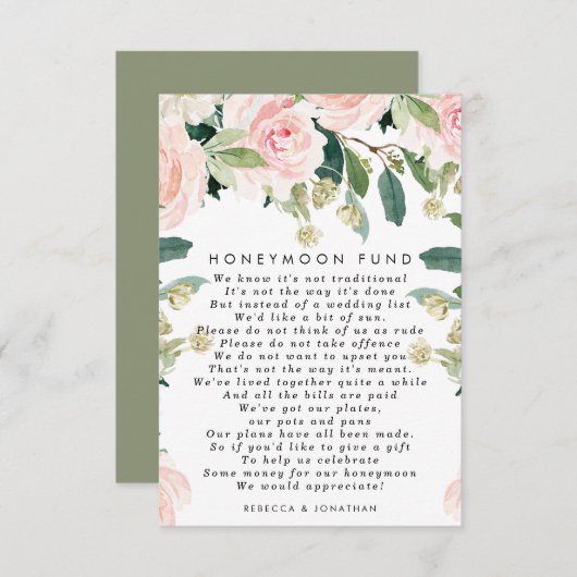 ピンク赤面フローラ結婚のハネムーンファンドカード エンクロージャーカード (正面/裏面)