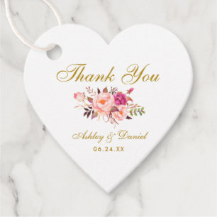 ピンク赤面フローラ結婚金ゴールドサンキューハート フェイバータグ