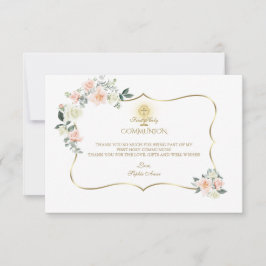 ピンク赤面フローラ金ゴールドガールファースト聖餐式 サンキューカード