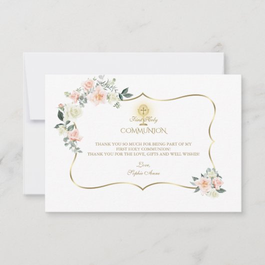ピンク赤面フローラ金ゴールドガールファースト聖餐式 サンキューカード (正面)
