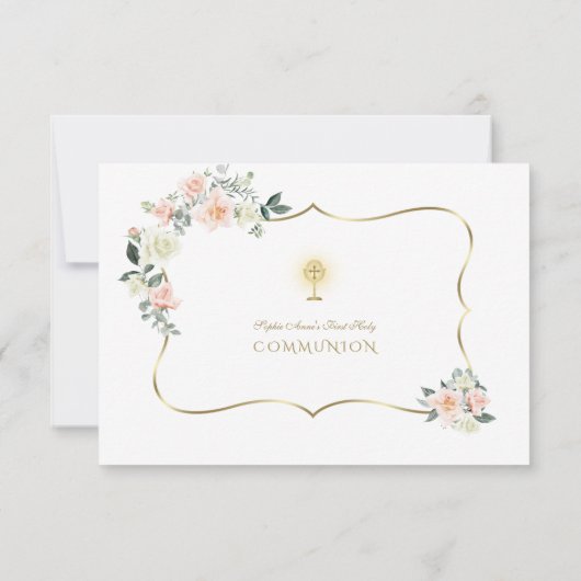 ピンク赤面フローラ金ゴールドガールファースト聖餐式 サンキューカード (裏面)