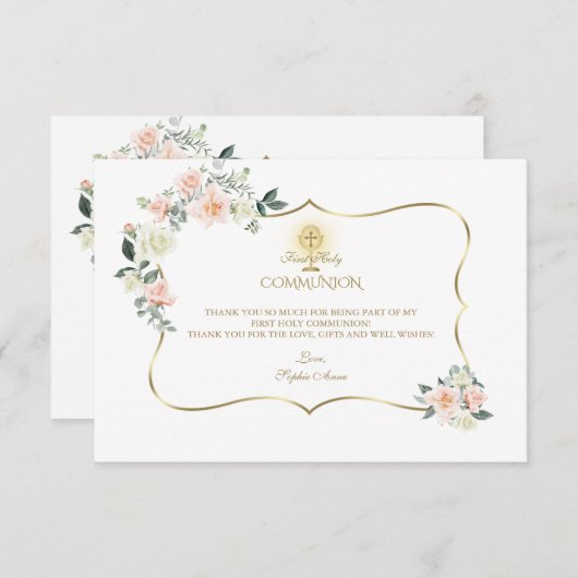 ピンク赤面フローラ金ゴールドガールファースト聖餐式 サンキューカード (正面/裏面)