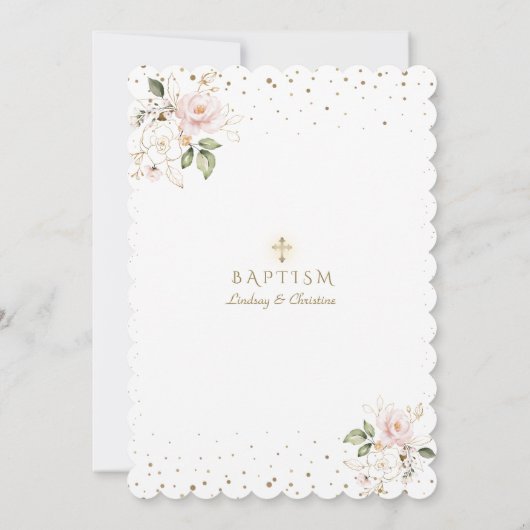 ピンク赤面フローラ金ゴールドクロスガールツインズバプテスマ 招待状 (裏面)
