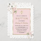 ピンク赤面フローラ金ゴールドクロスガールツインズバプテスマ 招待状 (正面/裏面)