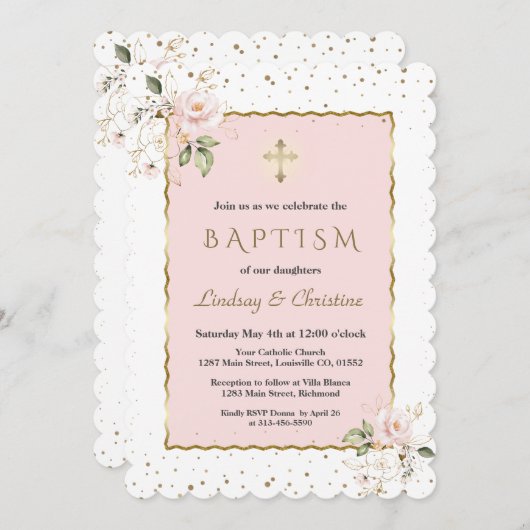 ピンク赤面フローラ金ゴールドクロスガールツインズバプテスマ 招待状 (正面/裏面)