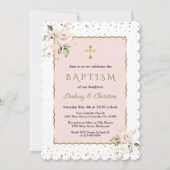 ピンク赤面フローラ金ゴールドクロスガールツインズバプテスマ 招待状 (正面)