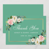 ピンク赤面フローラ金ゴールドネオ結婚ミントありがとう サンキューカード (正面/裏面)