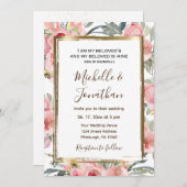 ピンク赤面フローラ金ゴールドフレームクリスチャン結婚ズ 招待状 (正面/裏面)