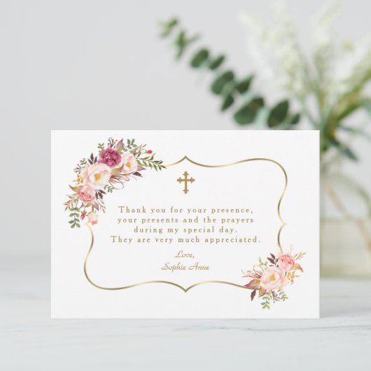 ピンク赤面フローラ金ゴールドフレームクロスバプテスマ サンキューカード (スタンド正面)